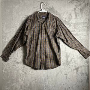 Patagonia Organic Cotton Flannel Shirt‎ Men's Med Navy Brown Plaid Long Sleeve